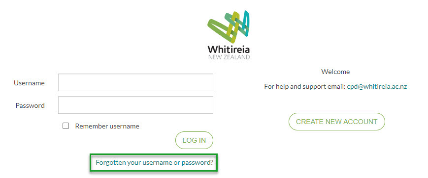 CPD@Whitireia Login Page - Forgot password